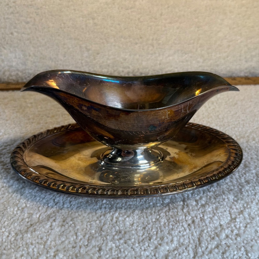 Vintage Silver Plated Gravy Boat‎ with Underplate Ornate Rope Edge Cottagecore